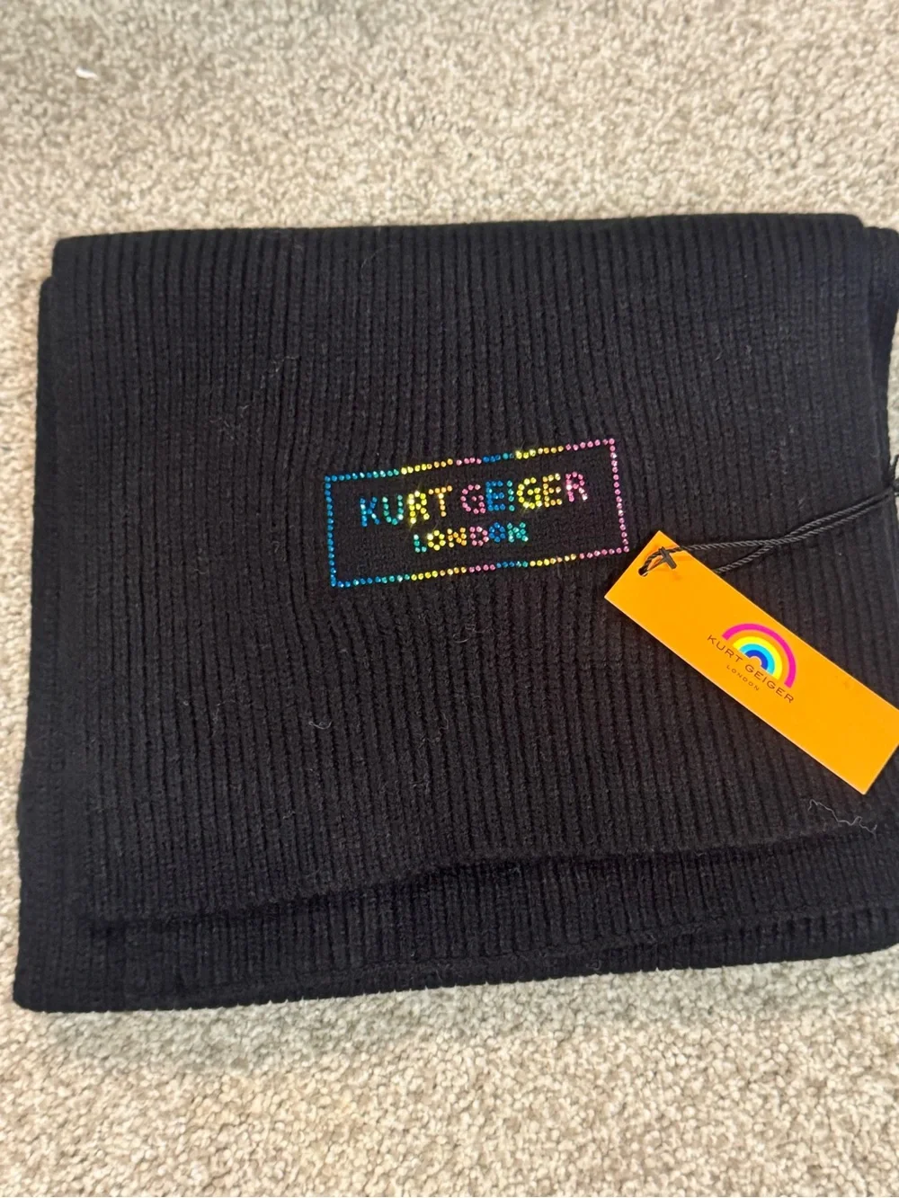 Kurt Geiger Black Knit Scarf with Rainbow Logo Embellishment